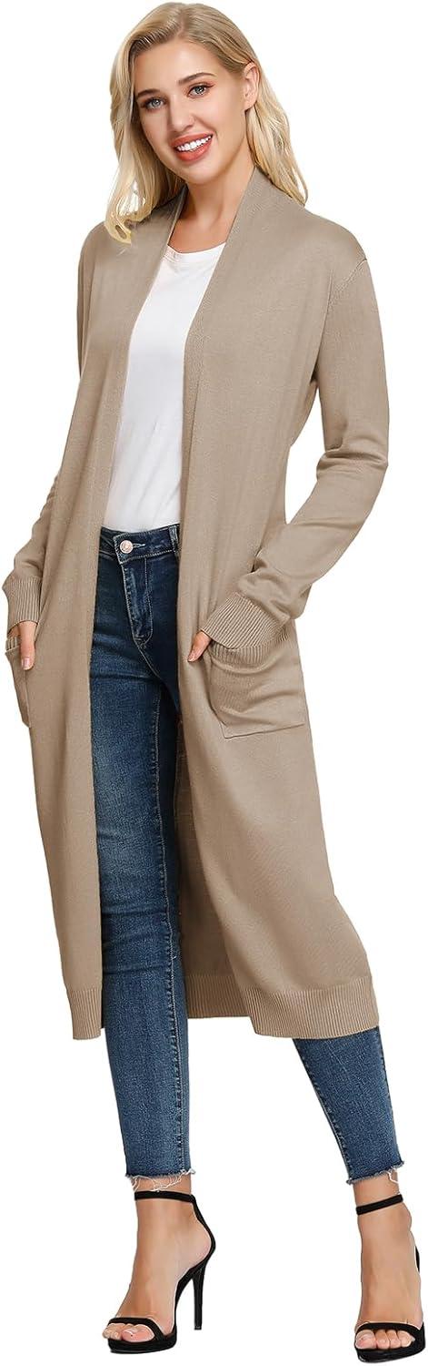 imageGRACE KARIN Essential Solid Open Front Maxi Long Knitted Cardigan Sweater for WomenApricot