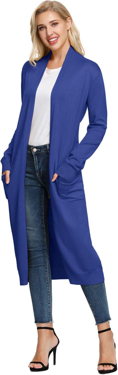 imageGRACE KARIN Essential Solid Open Front Maxi Long Knitted Cardigan Sweater for WomenBlue