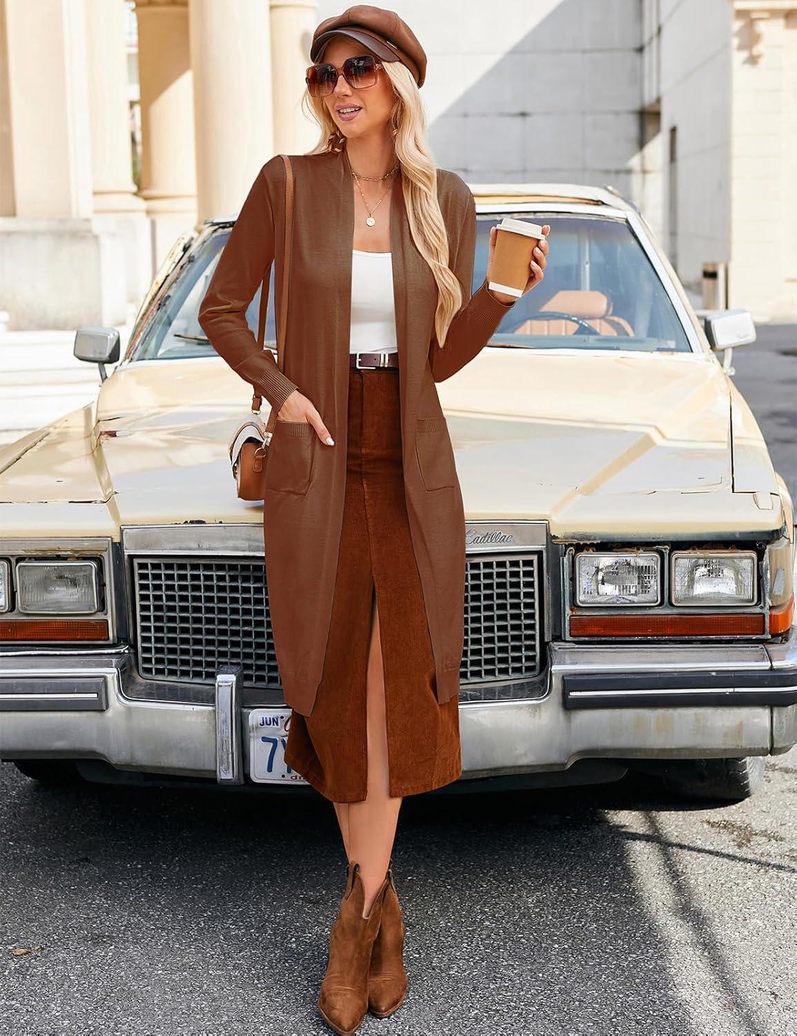 imageGRACE KARIN Essential Solid Open Front Maxi Long Knitted Cardigan Sweater for WomenBrown