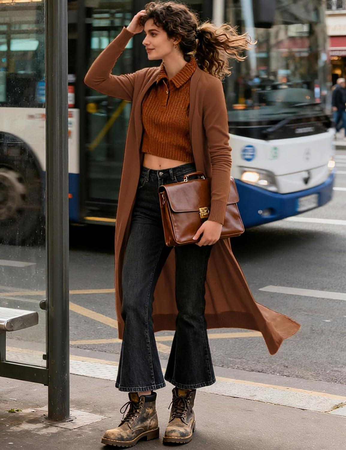 imageGRACE KARIN Essential Solid Open Front Maxi Long Knitted Cardigan Sweater for WomenBrown