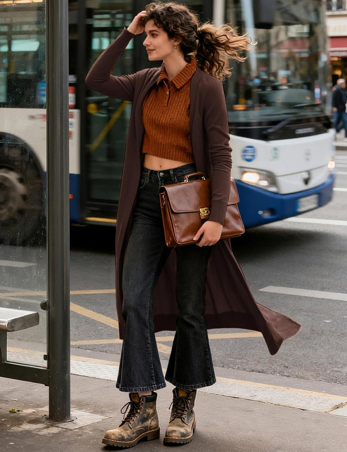 imageGRACE KARIN Essential Solid Open Front Maxi Long Knitted Cardigan Sweater for WomenCoffee