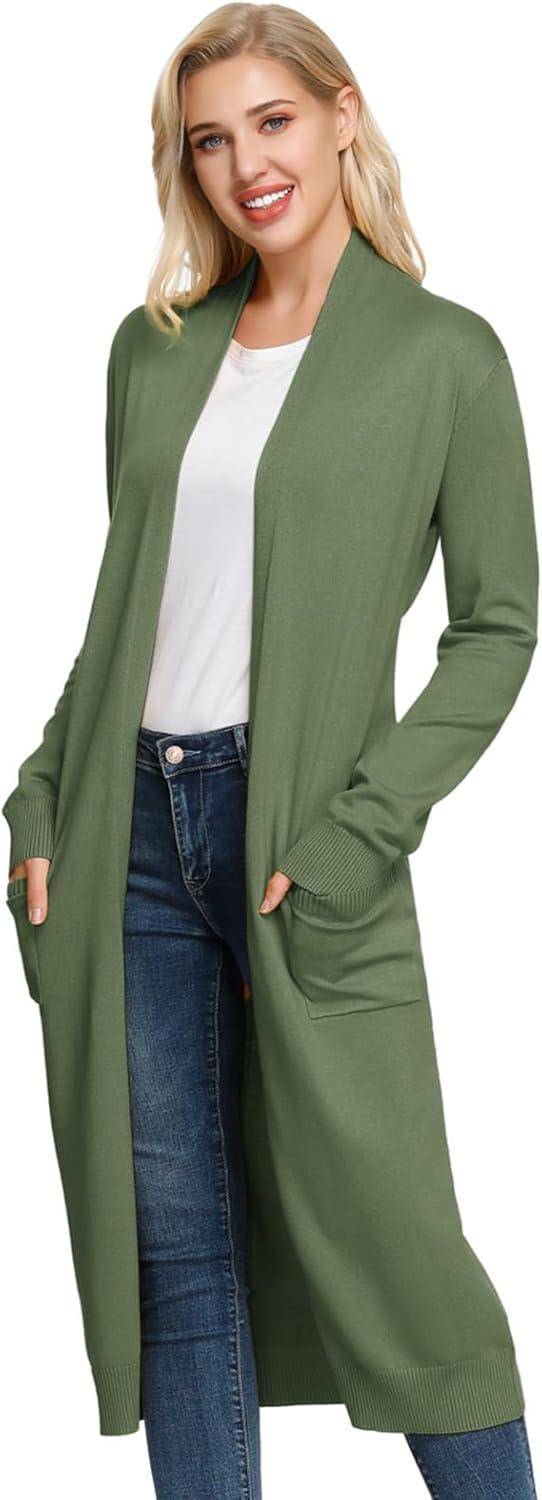 imageGRACE KARIN Essential Solid Open Front Maxi Long Knitted Cardigan Sweater for WomenDark Olive Green