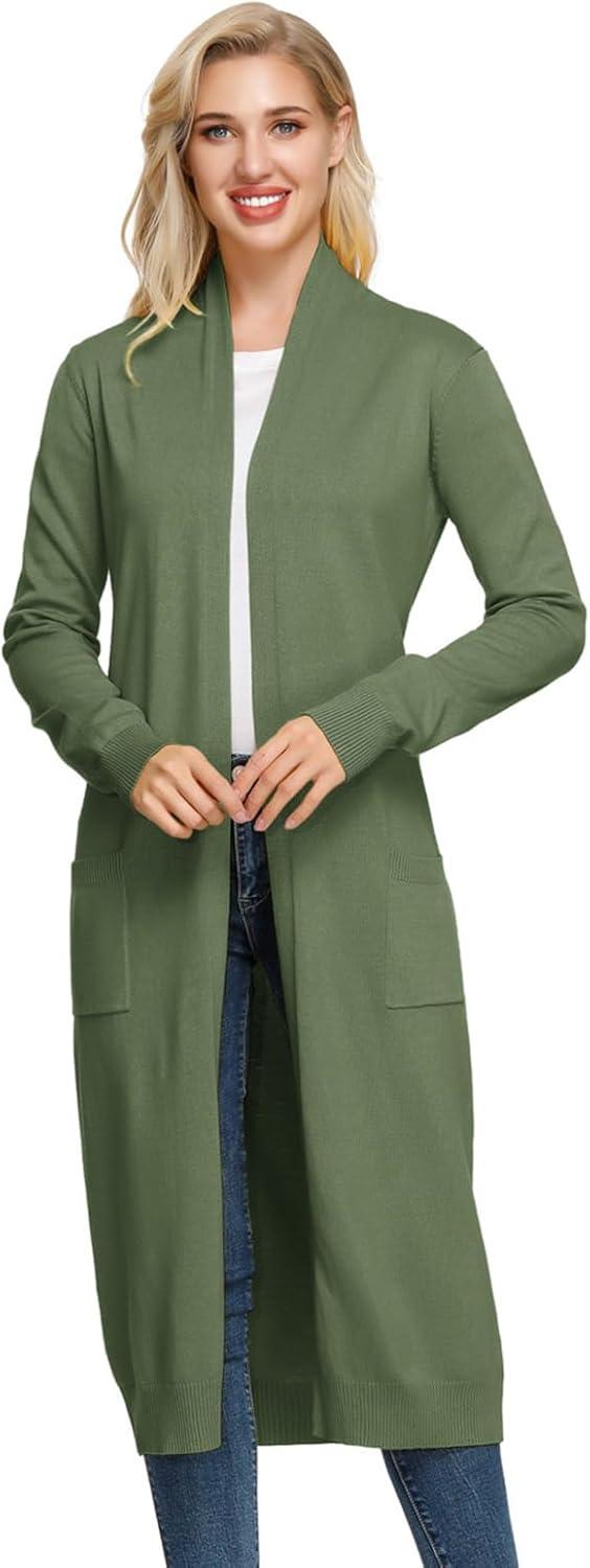 imageGRACE KARIN Essential Solid Open Front Maxi Long Knitted Cardigan Sweater for WomenDark Olive Green