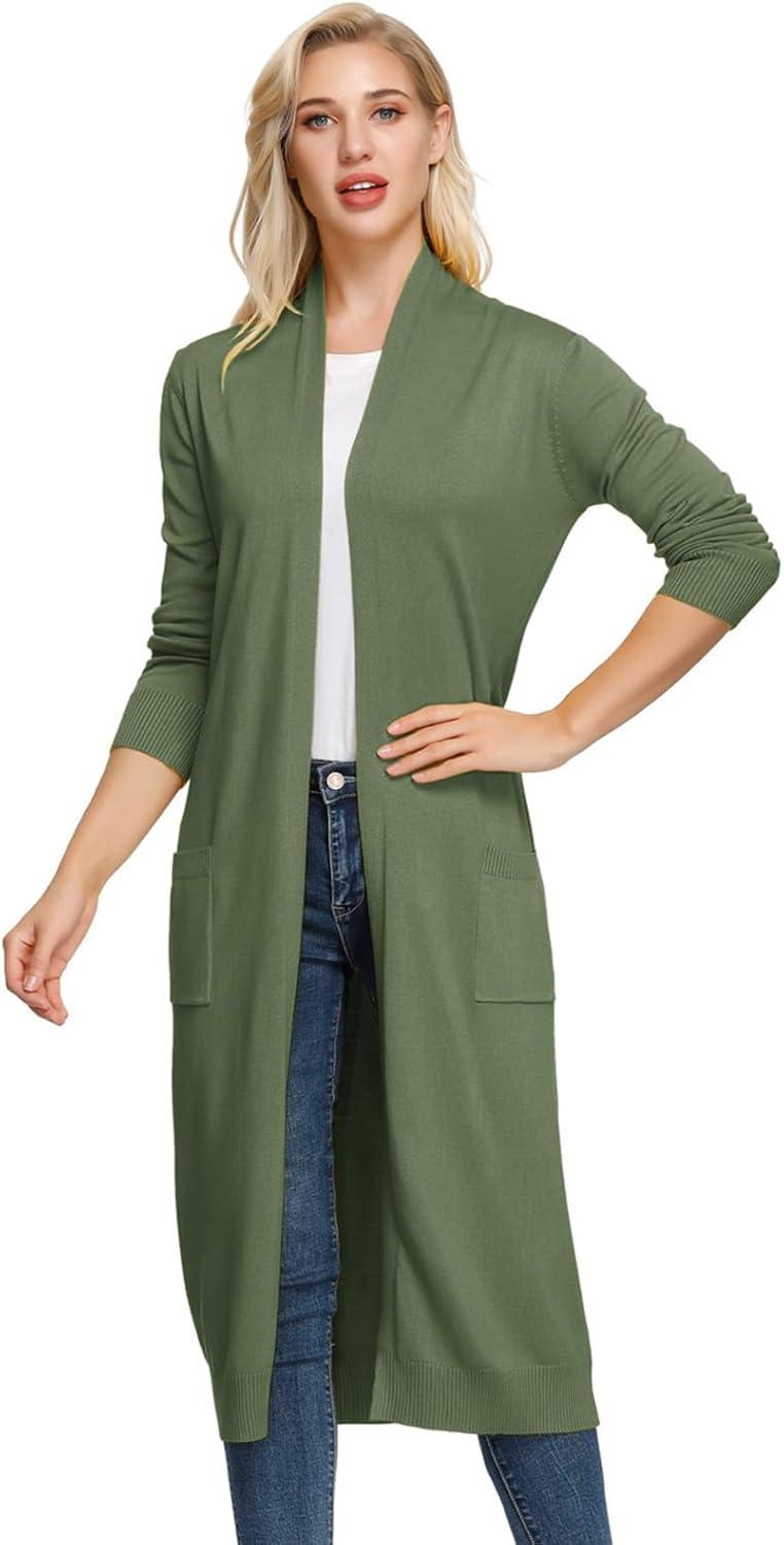 imageGRACE KARIN Essential Solid Open Front Maxi Long Knitted Cardigan Sweater for WomenDark Olive Green