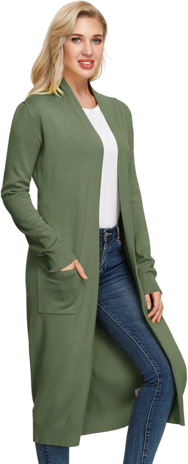 imageGRACE KARIN Essential Solid Open Front Maxi Long Knitted Cardigan Sweater for WomenDark Olive Green