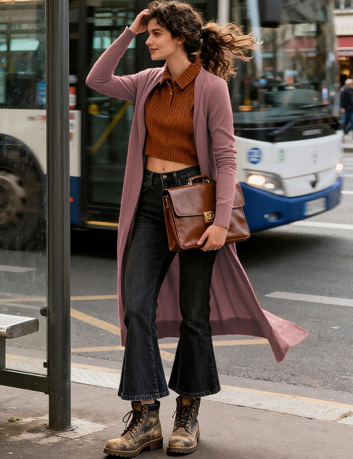 imageGRACE KARIN Essential Solid Open Front Maxi Long Knitted Cardigan Sweater for WomenDark Pink