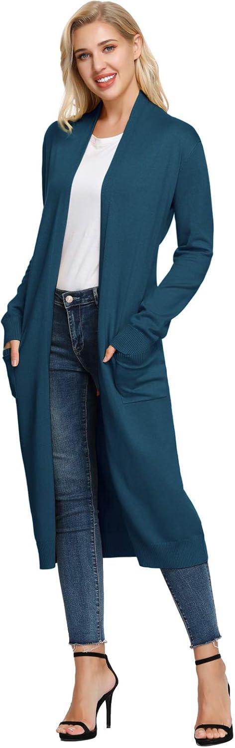 imageGRACE KARIN Essential Solid Open Front Maxi Long Knitted Cardigan Sweater for WomenDenim