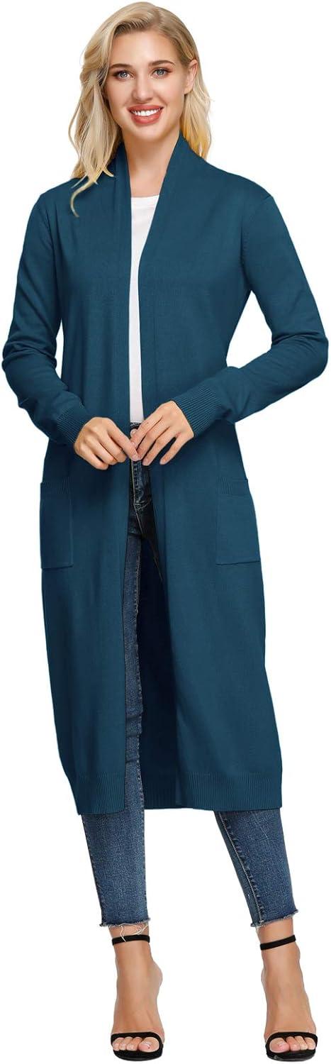 imageGRACE KARIN Essential Solid Open Front Maxi Long Knitted Cardigan Sweater for WomenDenim