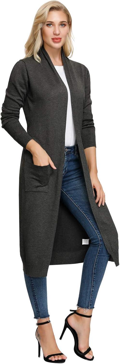 imageGRACE KARIN Essential Solid Open Front Maxi Long Knitted Cardigan Sweater for WomenDrak Black