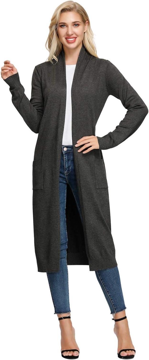 imageGRACE KARIN Essential Solid Open Front Maxi Long Knitted Cardigan Sweater for WomenDrak Black
