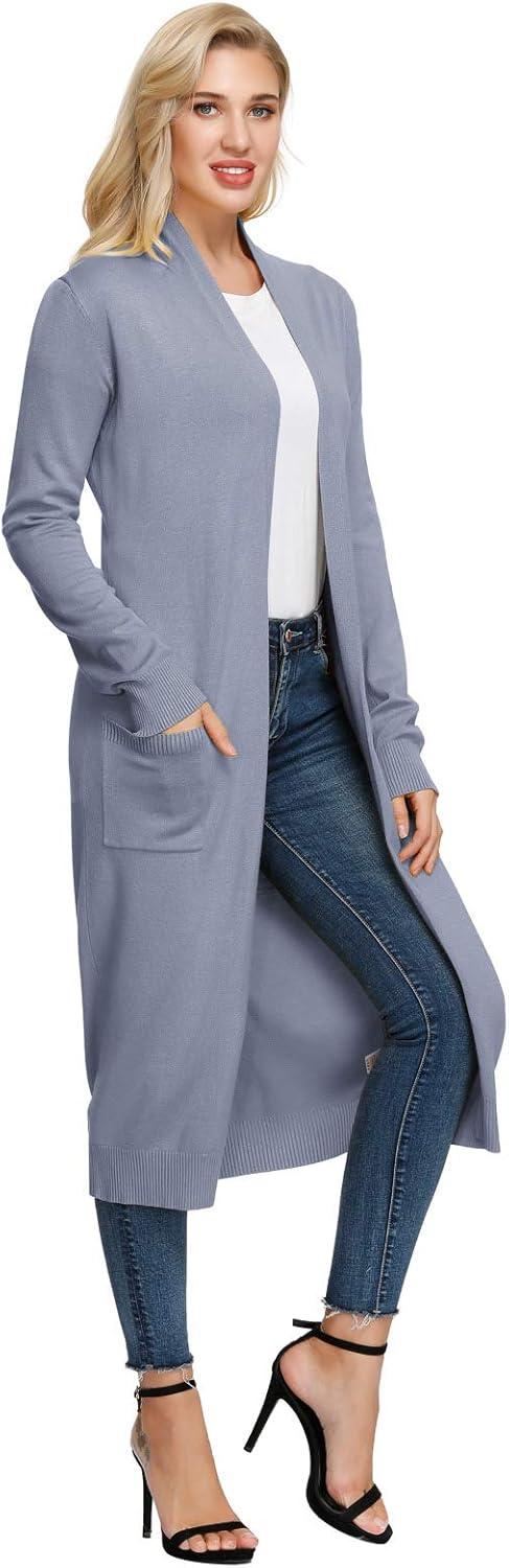 imageGRACE KARIN Essential Solid Open Front Maxi Long Knitted Cardigan Sweater for WomenGrey Blue