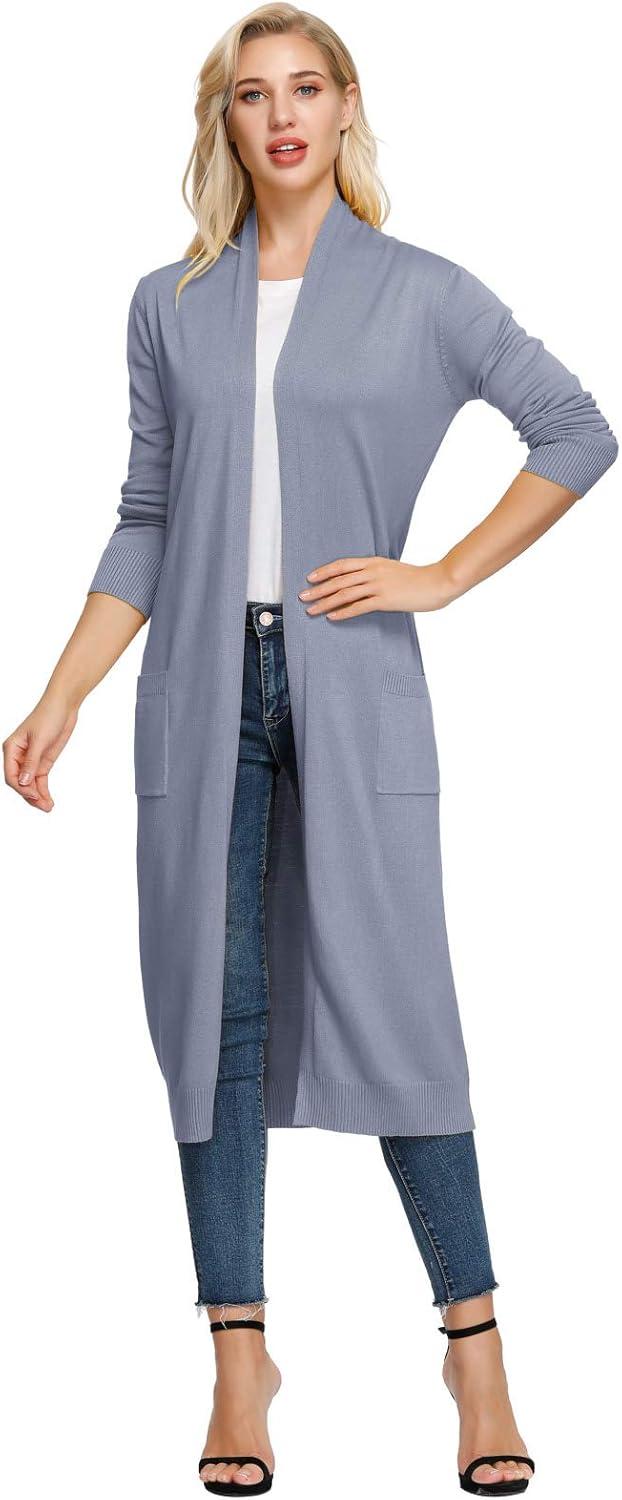 imageGRACE KARIN Essential Solid Open Front Maxi Long Knitted Cardigan Sweater for WomenGrey Blue