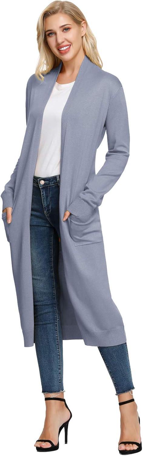 imageGRACE KARIN Essential Solid Open Front Maxi Long Knitted Cardigan Sweater for WomenGrey Blue