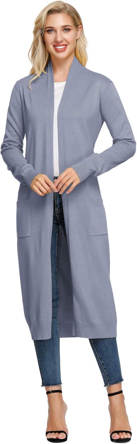 imageGRACE KARIN Essential Solid Open Front Maxi Long Knitted Cardigan Sweater for WomenGrey Blue