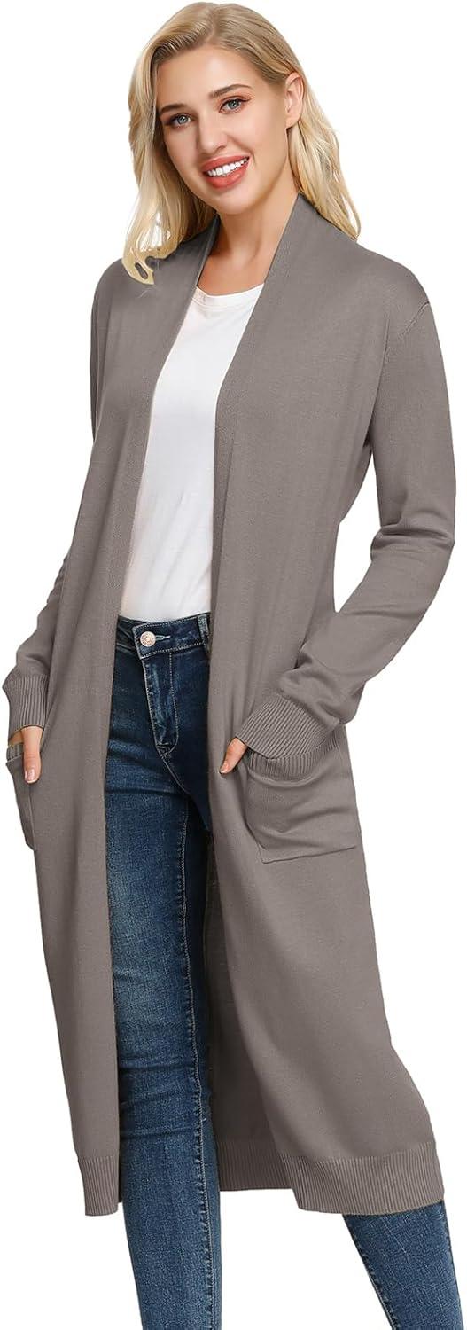 imageGRACE KARIN Essential Solid Open Front Maxi Long Knitted Cardigan Sweater for WomenGrey Khaki