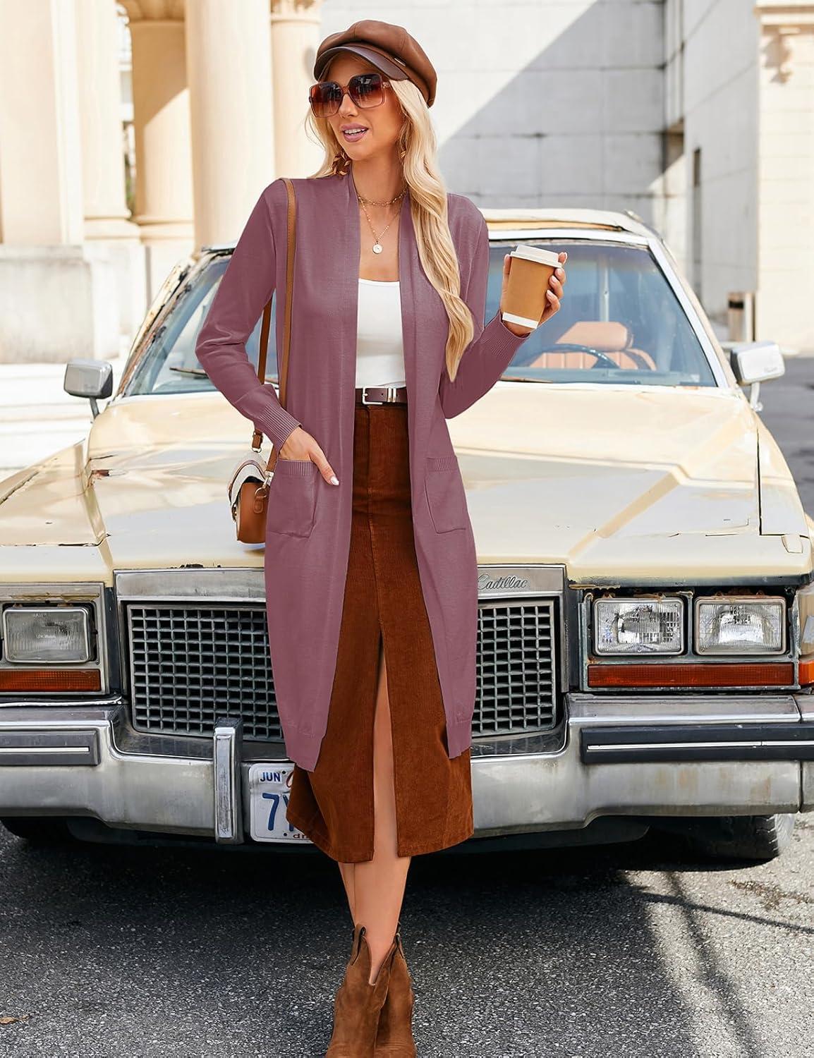 imageGRACE KARIN Essential Solid Open Front Maxi Long Knitted Cardigan Sweater for WomenGrey Pink