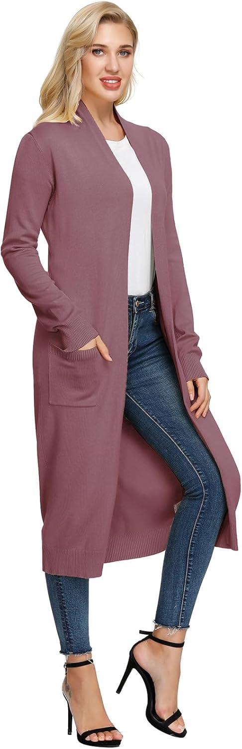 imageGRACE KARIN Essential Solid Open Front Maxi Long Knitted Cardigan Sweater for WomenGrey Pink