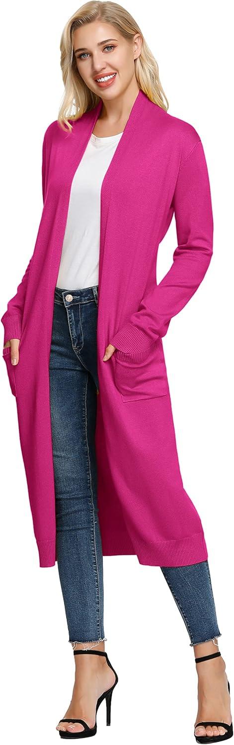 imageGRACE KARIN Essential Solid Open Front Maxi Long Knitted Cardigan Sweater for WomenHot Pink