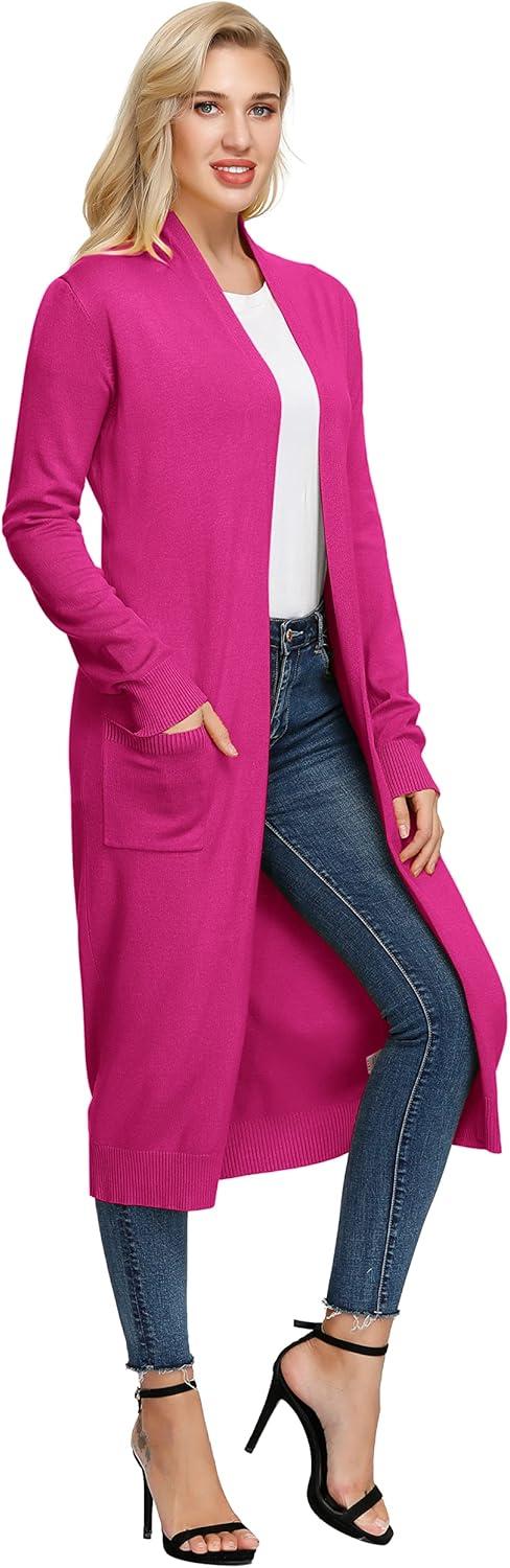imageGRACE KARIN Essential Solid Open Front Maxi Long Knitted Cardigan Sweater for WomenHot Pink
