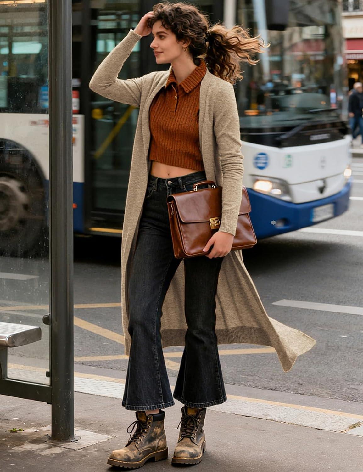 imageGRACE KARIN Essential Solid Open Front Maxi Long Knitted Cardigan Sweater for WomenKhaki Heather
