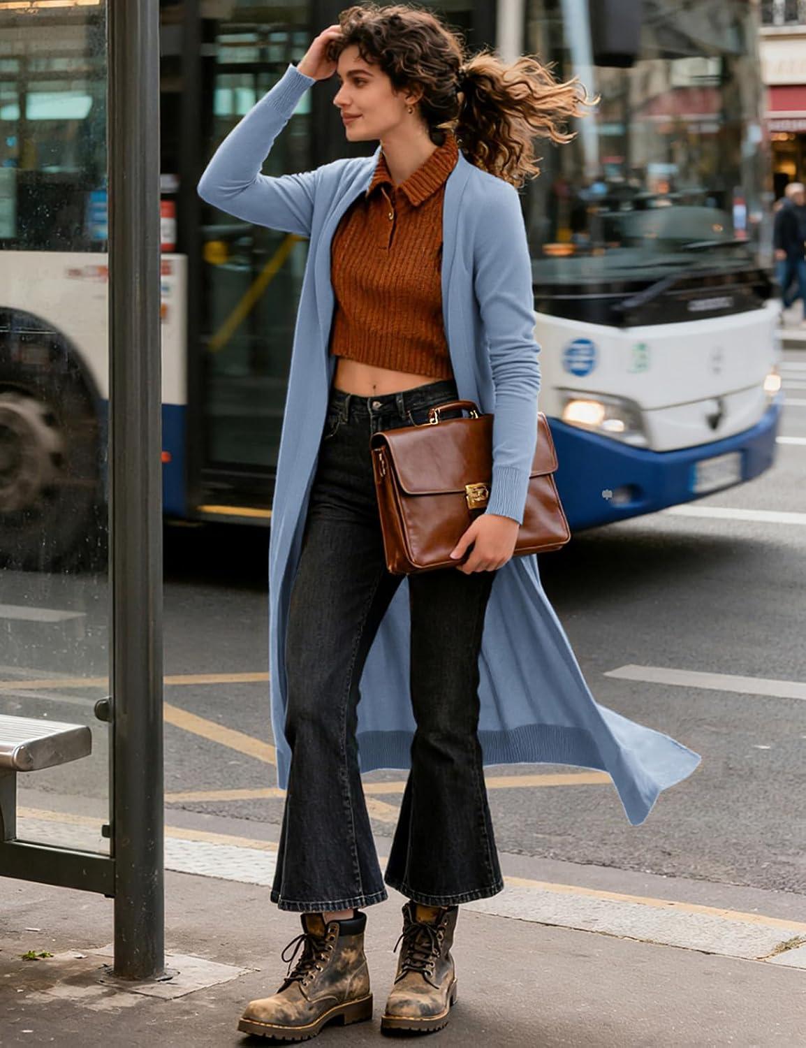 imageGRACE KARIN Essential Solid Open Front Maxi Long Knitted Cardigan Sweater for WomenLight Blue