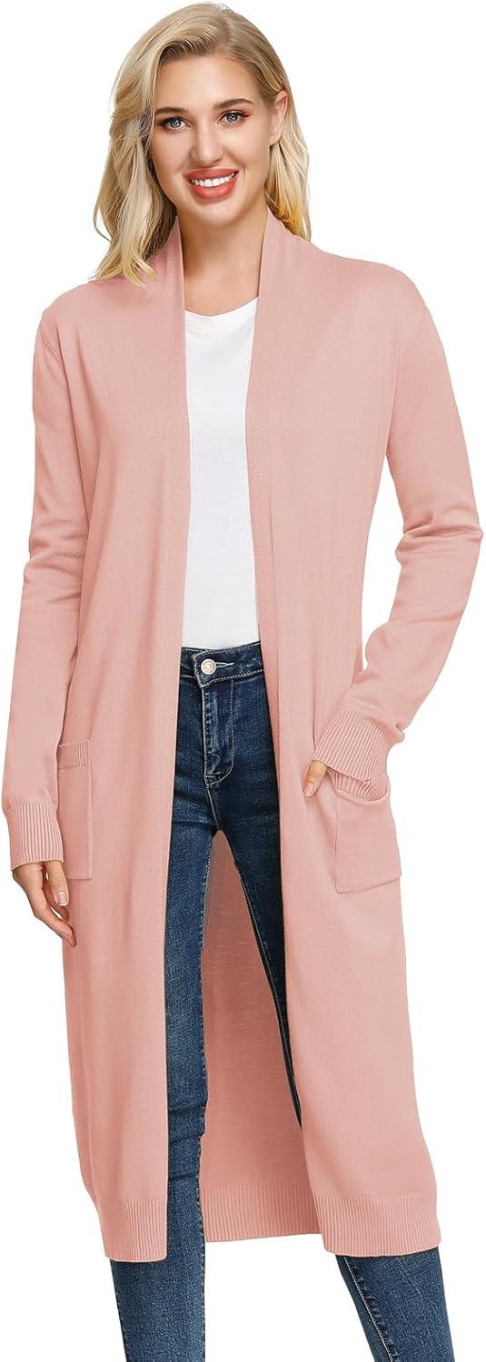 imageGRACE KARIN Essential Solid Open Front Maxi Long Knitted Cardigan Sweater for WomenLight Pink