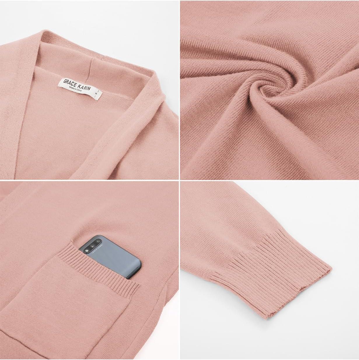 imageGRACE KARIN Essential Solid Open Front Maxi Long Knitted Cardigan Sweater for WomenLight Pink