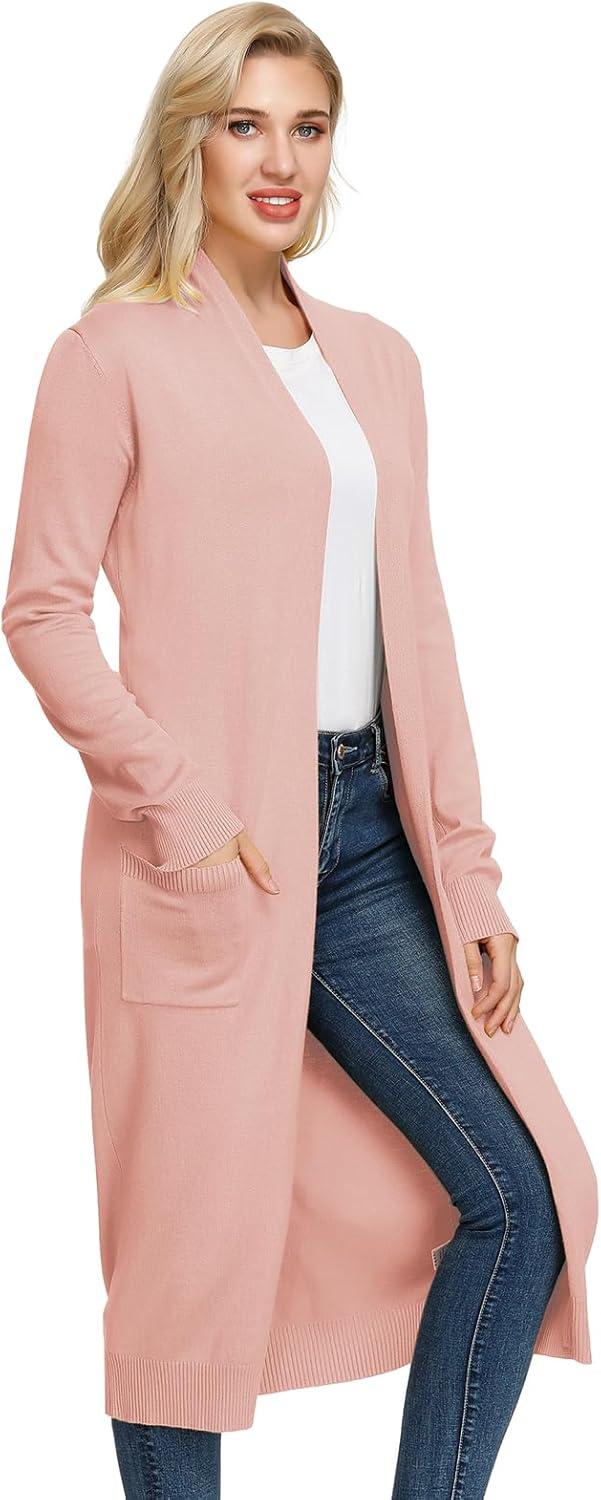 imageGRACE KARIN Essential Solid Open Front Maxi Long Knitted Cardigan Sweater for WomenLight Pink
