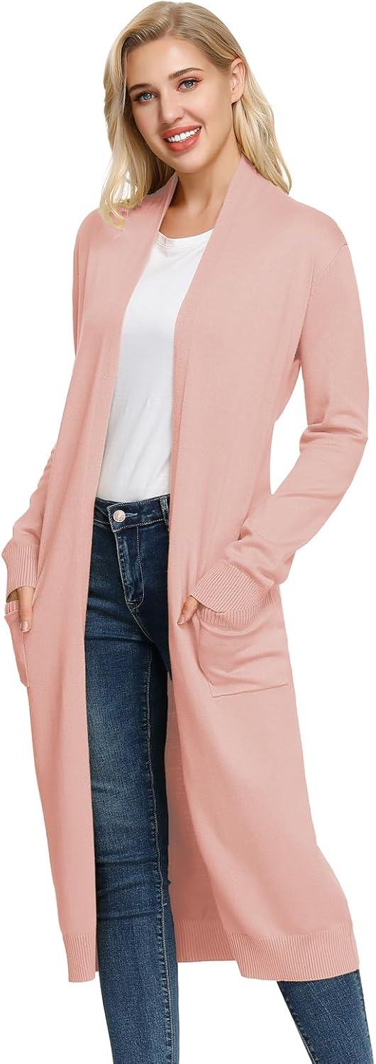 imageGRACE KARIN Essential Solid Open Front Maxi Long Knitted Cardigan Sweater for WomenLight Pink