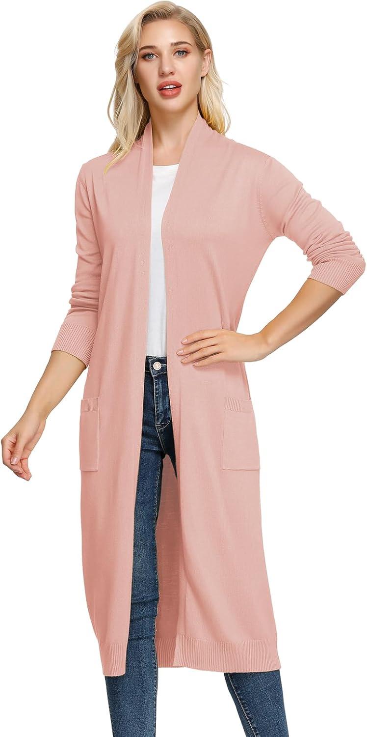 imageGRACE KARIN Essential Solid Open Front Maxi Long Knitted Cardigan Sweater for WomenLight Pink