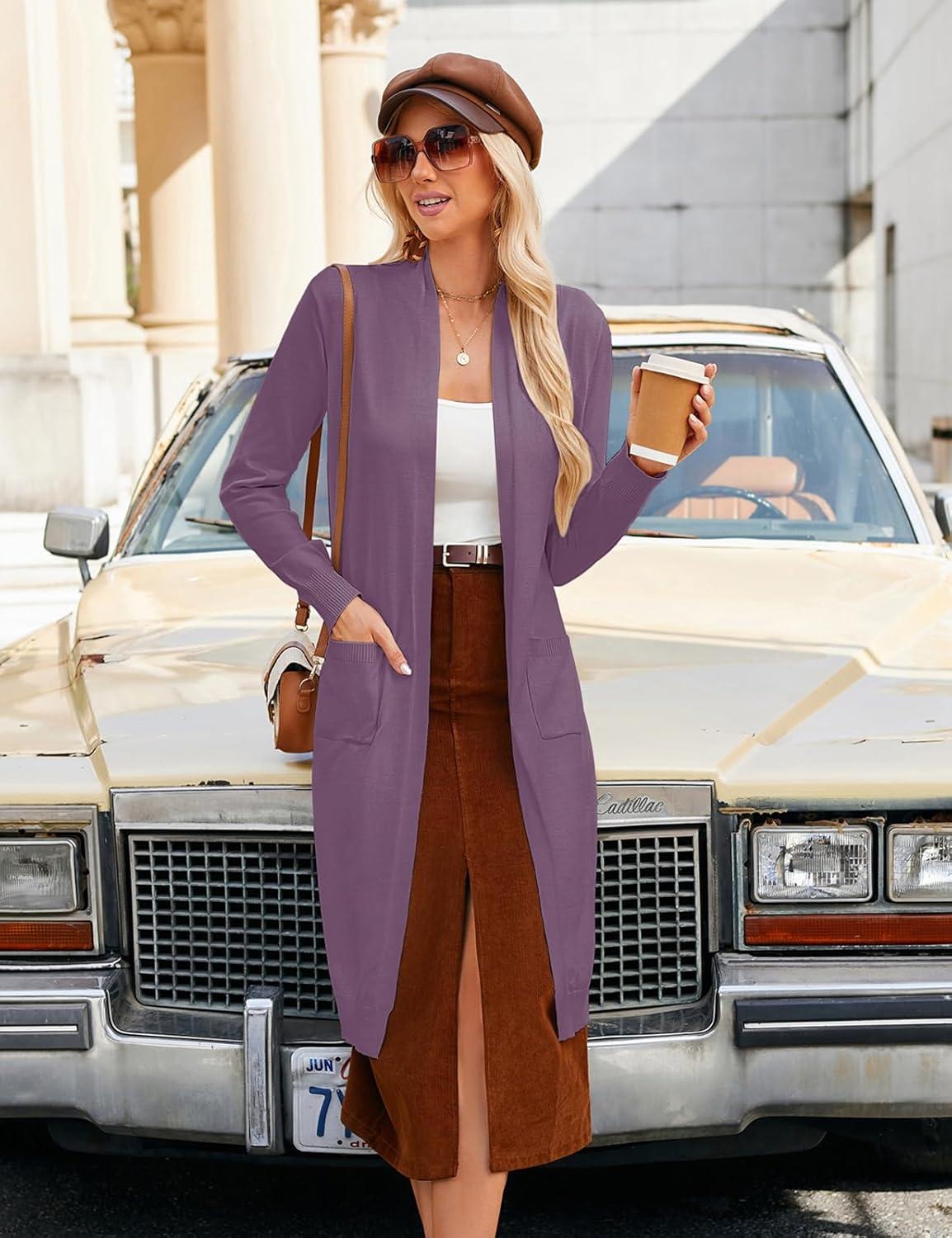 imageGRACE KARIN Essential Solid Open Front Maxi Long Knitted Cardigan Sweater for WomenLight Purple