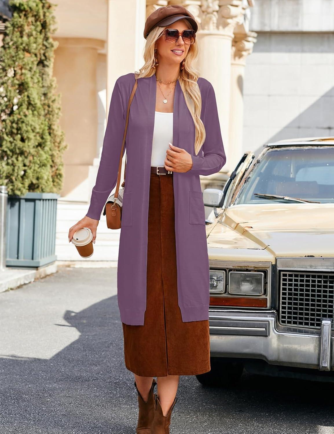 imageGRACE KARIN Essential Solid Open Front Maxi Long Knitted Cardigan Sweater for WomenLight Purple