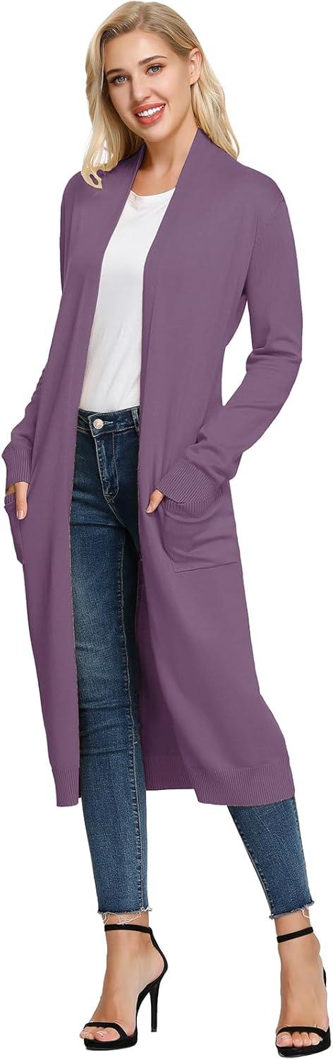 imageGRACE KARIN Essential Solid Open Front Maxi Long Knitted Cardigan Sweater for WomenLight Purple