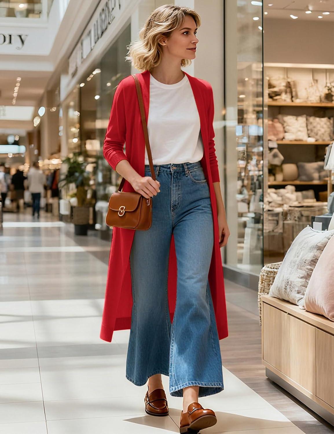 imageGRACE KARIN Essential Solid Open Front Maxi Long Knitted Cardigan Sweater for WomenRed