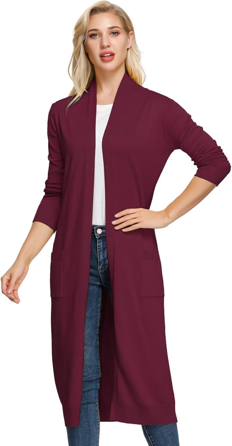 imageGRACE KARIN Essential Solid Open Front Maxi Long Knitted Cardigan Sweater for WomenWine