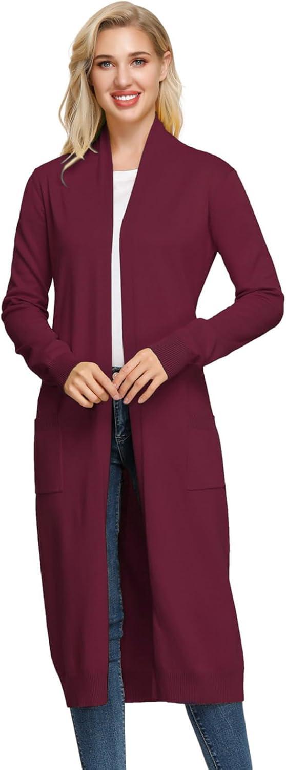 imageGRACE KARIN Essential Solid Open Front Maxi Long Knitted Cardigan Sweater for WomenWine