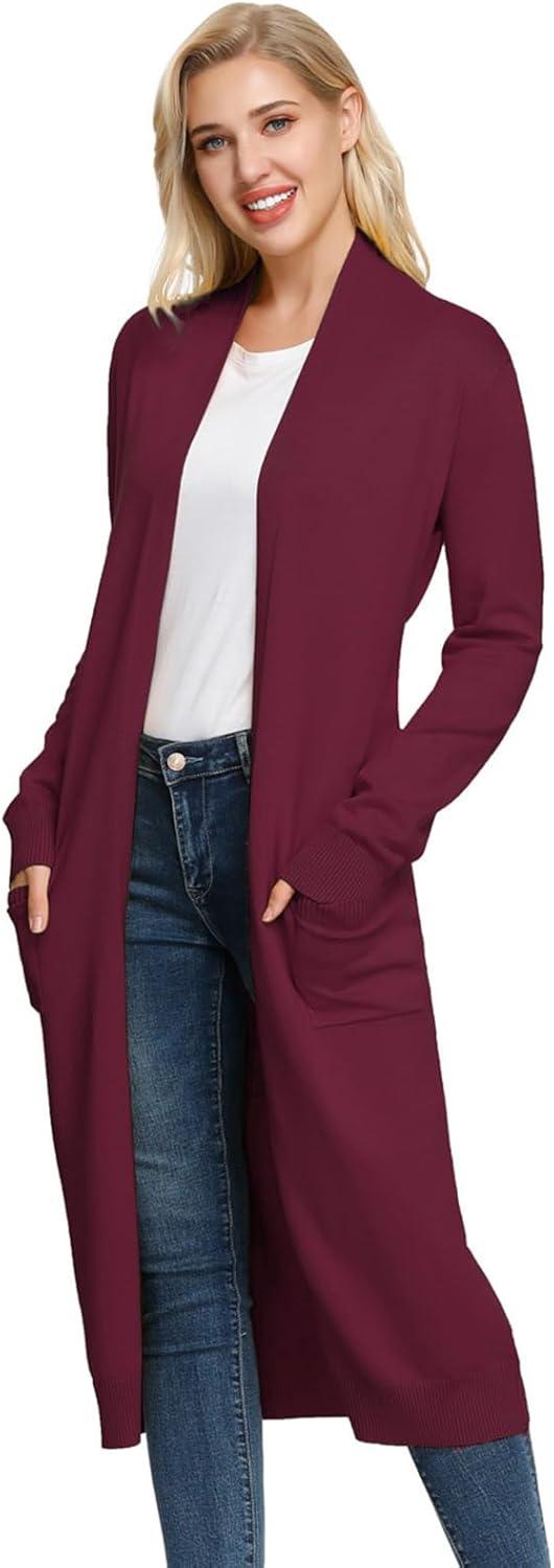 imageGRACE KARIN Essential Solid Open Front Maxi Long Knitted Cardigan Sweater for WomenWine