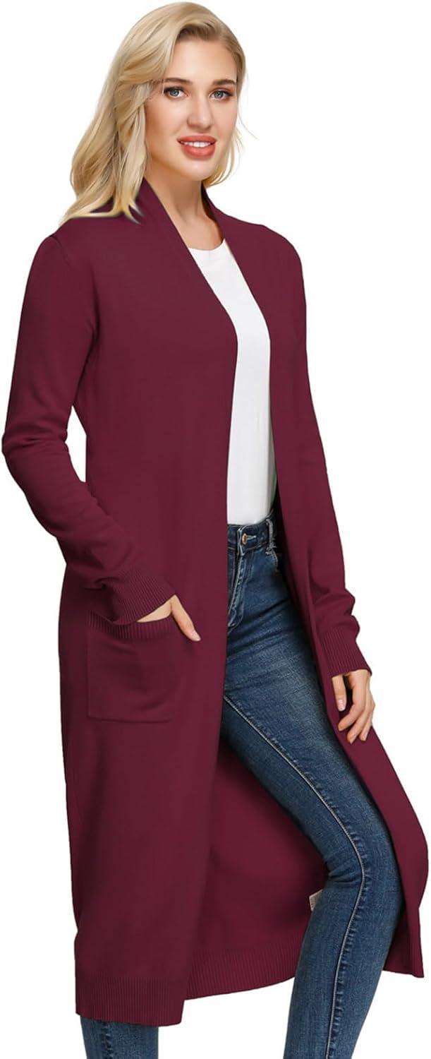 imageGRACE KARIN Essential Solid Open Front Maxi Long Knitted Cardigan Sweater for WomenWine