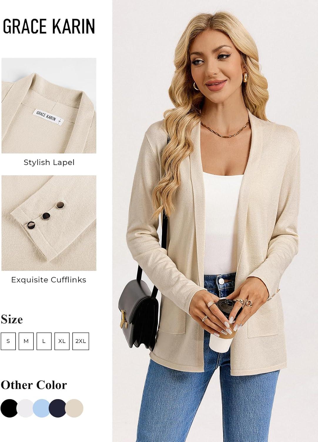 imageGRACE KARIN Long Cardigans for Women Long Sleeve Open Front Cardigan Sweaters Lightweight Spring Jacket with PocketsApricot