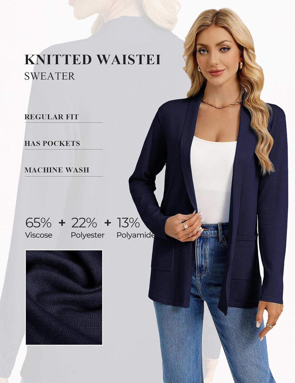 imageGRACE KARIN Long Cardigans for Women Long Sleeve Open Front Cardigan Sweaters Lightweight Spring Jacket with PocketsNavy Blue