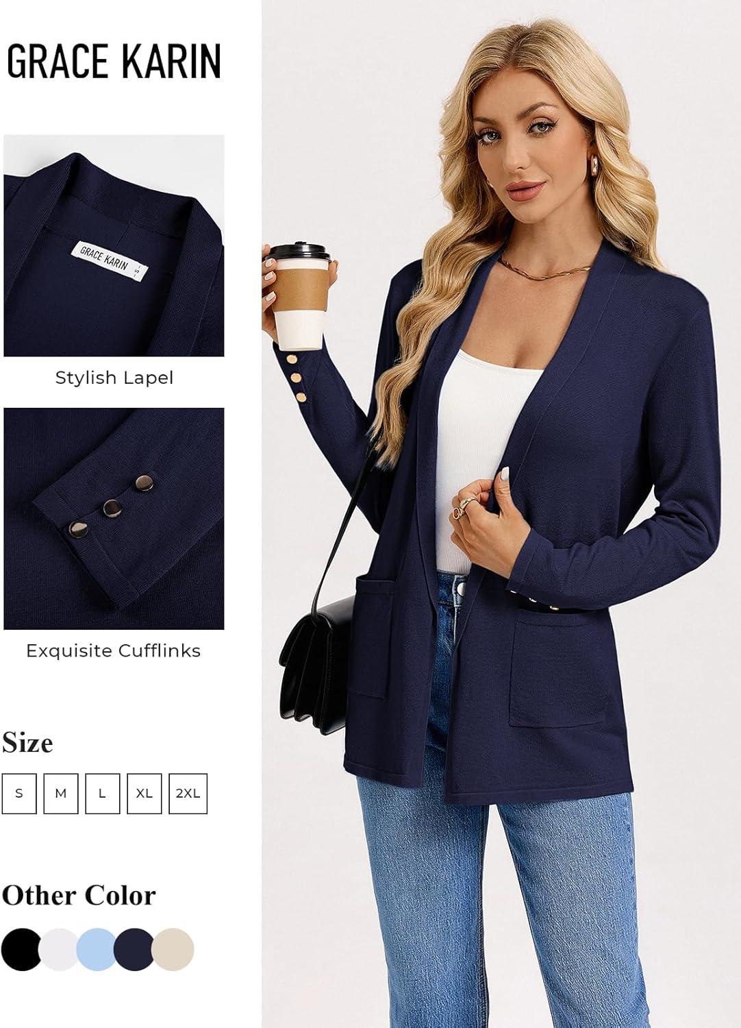 imageGRACE KARIN Long Cardigans for Women Long Sleeve Open Front Cardigan Sweaters Lightweight Spring Jacket with PocketsNavy Blue