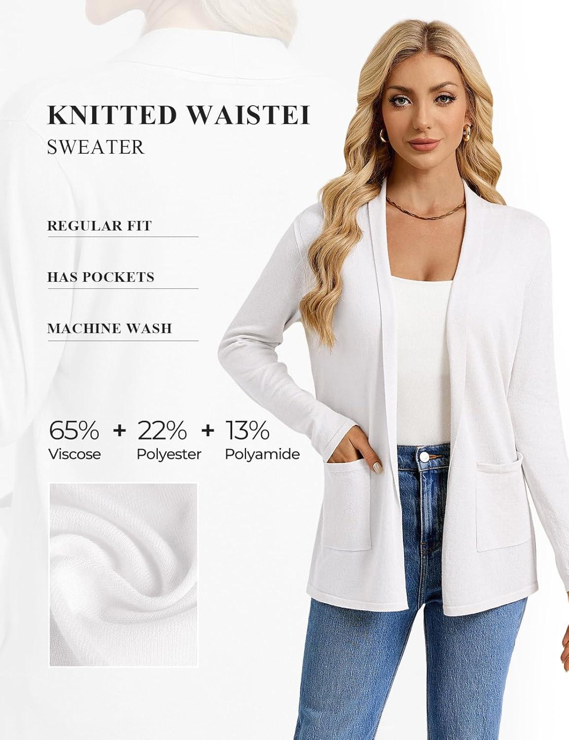 imageGRACE KARIN Long Cardigans for Women Long Sleeve Open Front Cardigan Sweaters Lightweight Spring Jacket with PocketsWhite