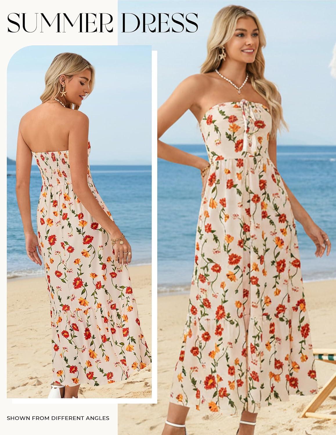 imageGRACE KARIN Strapless Floral Maxi DressSummer Casual Tube Top Boho DressesBeach Smocked Flowy Dress with PocketsBeige Floral