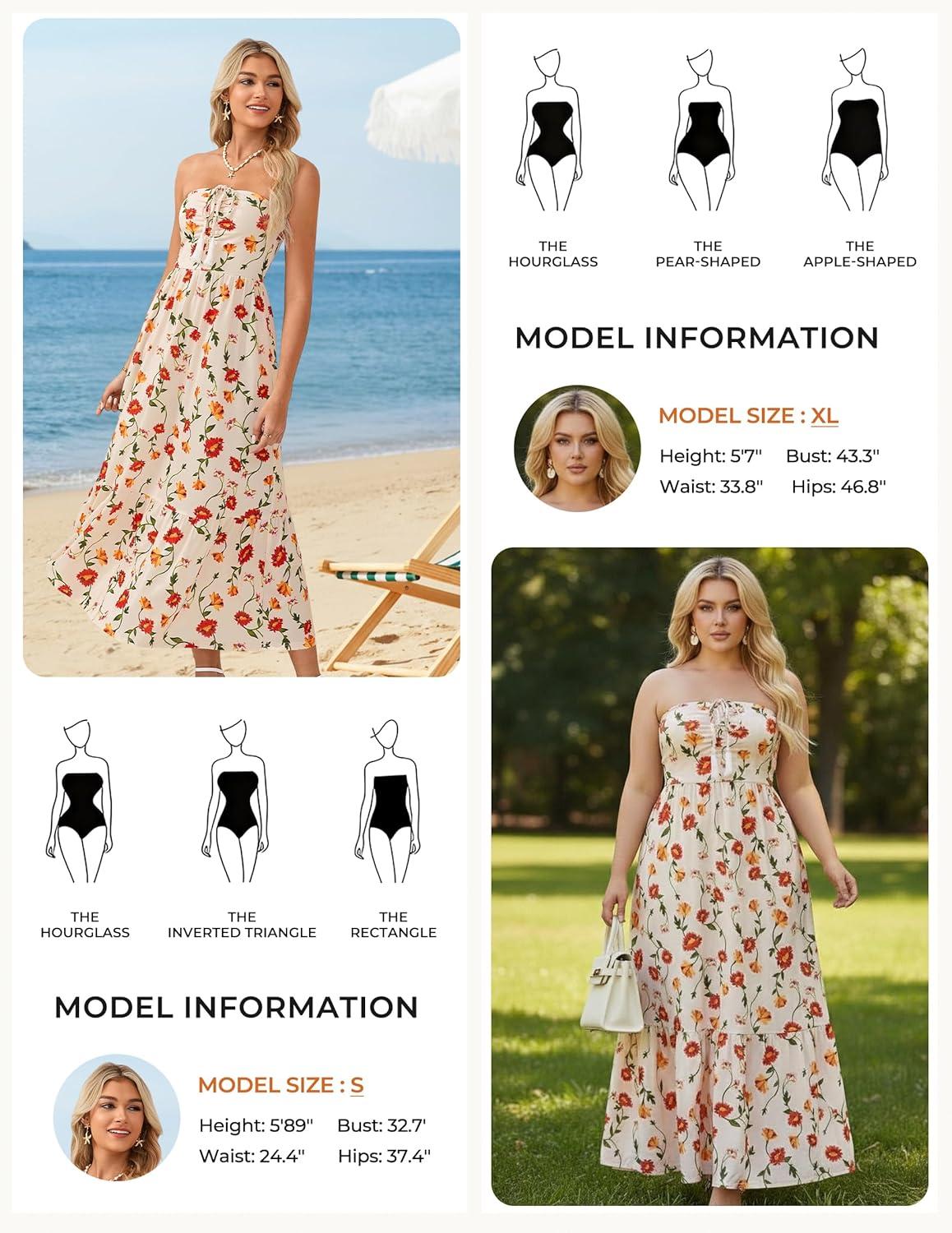 imageGRACE KARIN Strapless Floral Maxi DressSummer Casual Tube Top Boho DressesBeach Smocked Flowy Dress with PocketsBeige Floral
