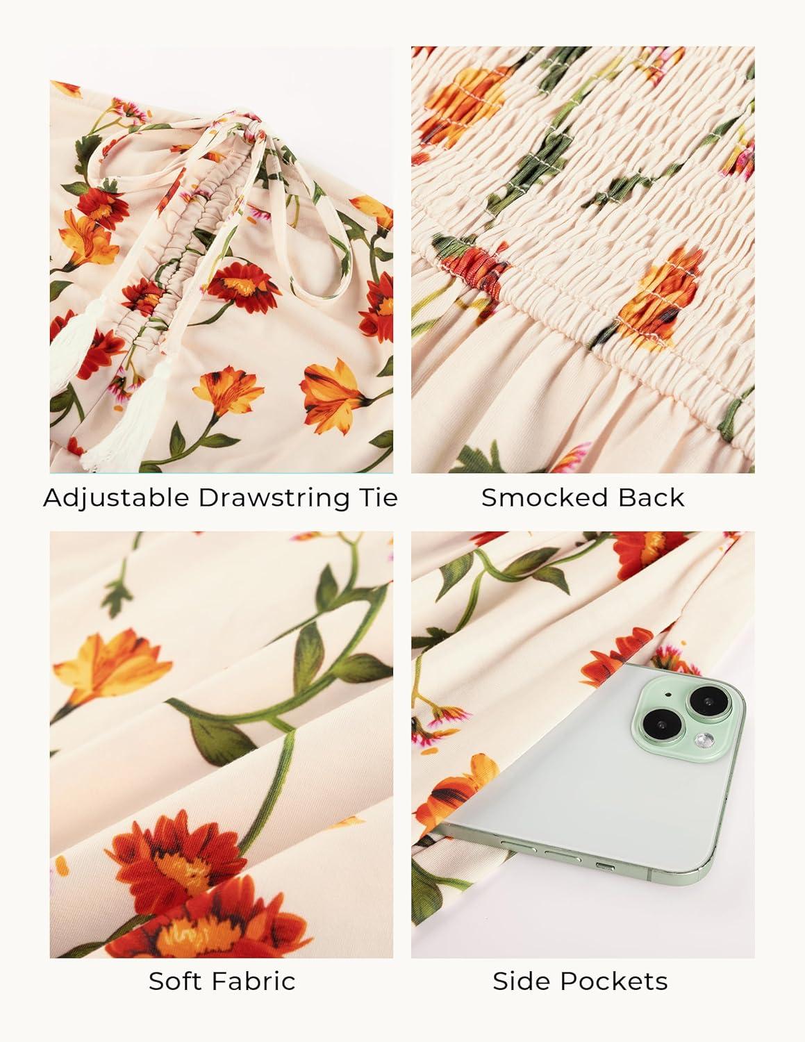 imageGRACE KARIN Strapless Floral Maxi DressSummer Casual Tube Top Boho DressesBeach Smocked Flowy Dress with PocketsBeige Floral