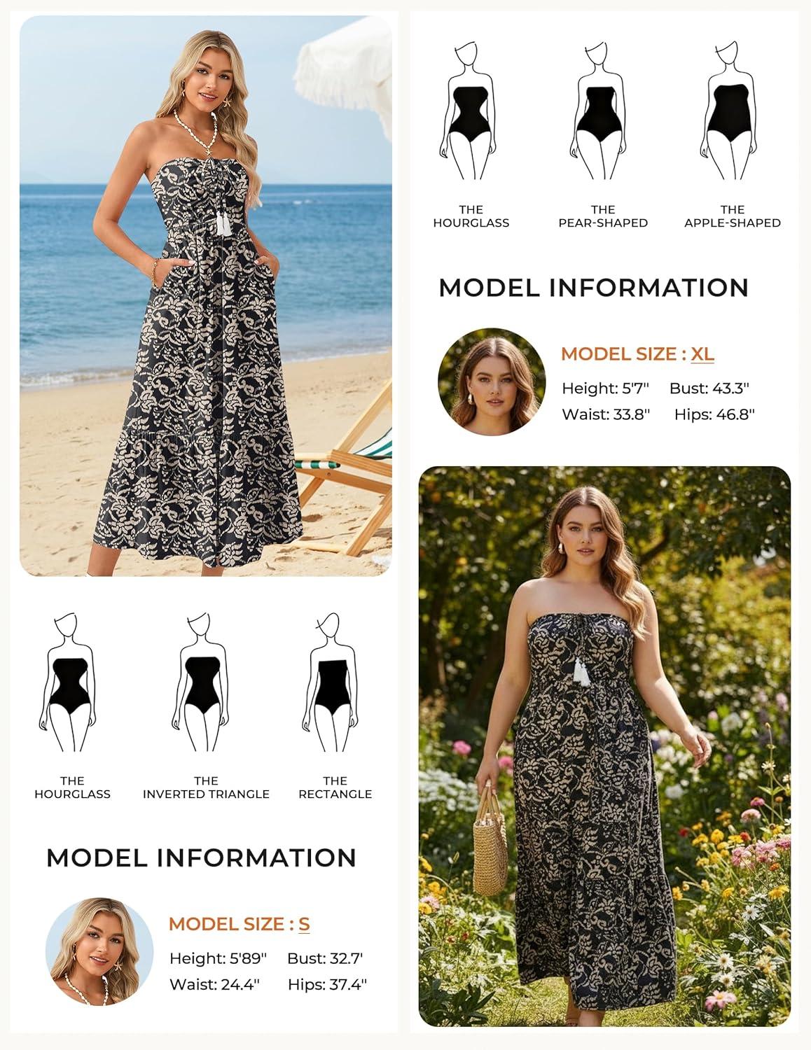 imageGRACE KARIN Strapless Floral Maxi DressSummer Casual Tube Top Boho DressesBeach Smocked Flowy Dress with PocketsBlack and White Floral