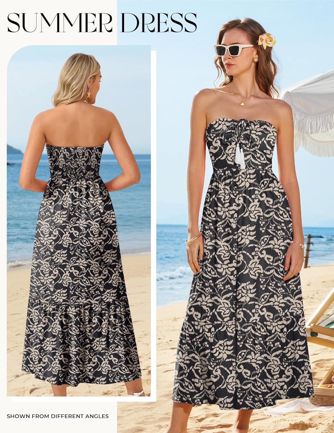 imageGRACE KARIN Strapless Floral Maxi DressSummer Casual Tube Top Boho DressesBeach Smocked Flowy Dress with PocketsBlack and White Floral