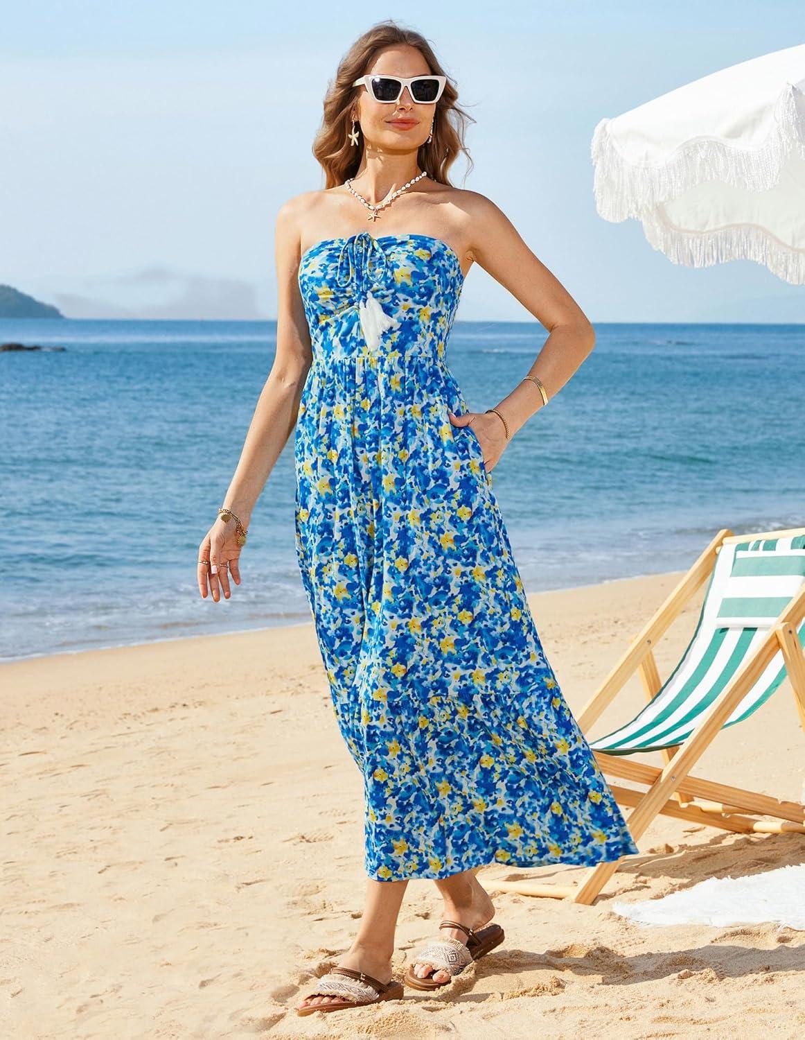 imageGRACE KARIN Strapless Floral Maxi DressSummer Casual Tube Top Boho DressesBeach Smocked Flowy Dress with PocketsBlue and Yellow Floral