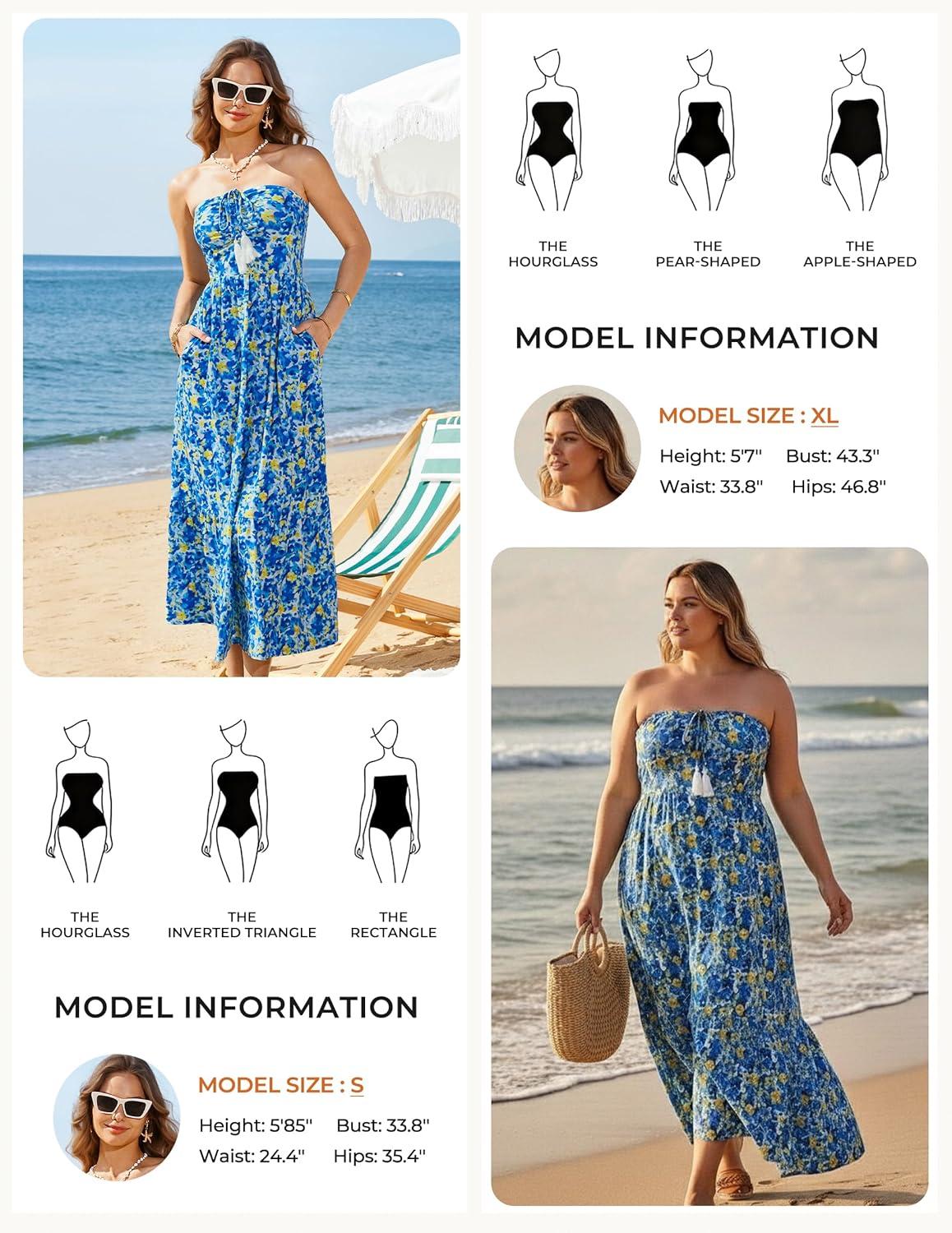 imageGRACE KARIN Strapless Floral Maxi DressSummer Casual Tube Top Boho DressesBeach Smocked Flowy Dress with PocketsBlue and Yellow Floral