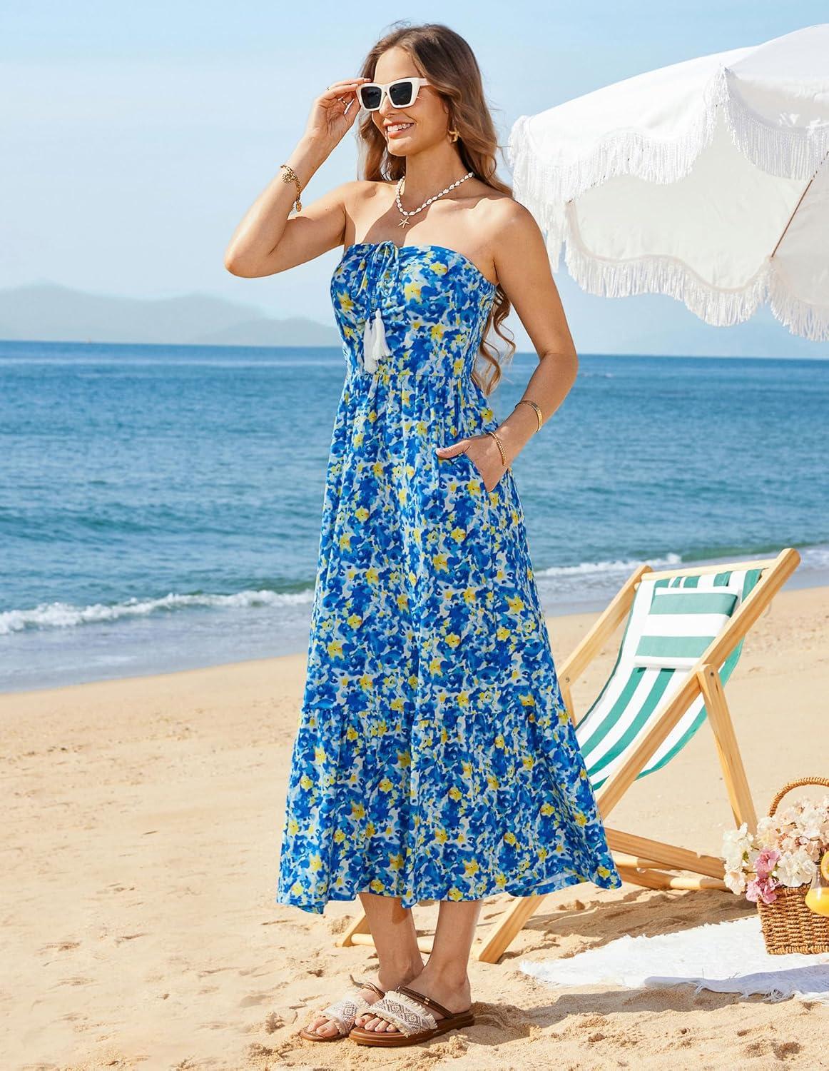 imageGRACE KARIN Strapless Floral Maxi DressSummer Casual Tube Top Boho DressesBeach Smocked Flowy Dress with PocketsBlue and Yellow Floral